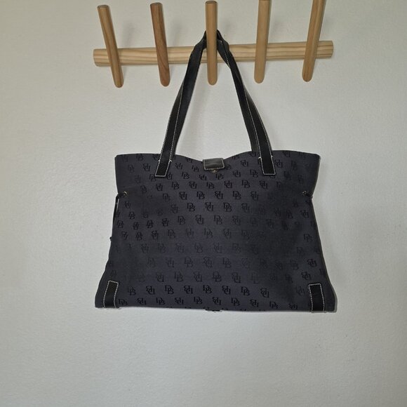 Dooney & Bourke Black Signature Jacquard Canvas Leather Trim Tote Bag w/ Pouch - Picture 2 of 16